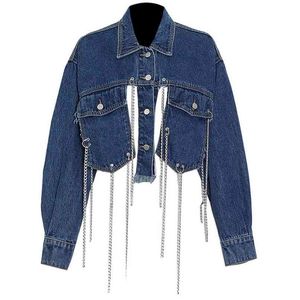 Kedjor Tassel Patchwork Design Denim Jacka High Street Slå ner Krage Långärmad Kvinnor Coat Fashion Chic Crop Top 210519