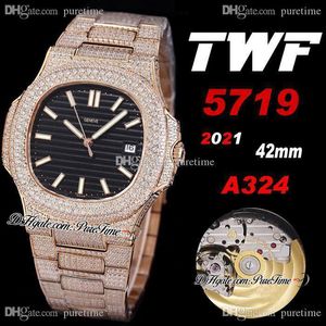 2021 TWF 5719 Cal A324 Mens Automático Assista 18K Rose Gold Diamantes Pavimentados Diamantes Textura Preta Dial Gelado Out Pulseira de Diamante Super Edição Jóias Relógios Puretime D04