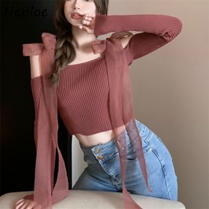 Sexy Slash Neck Strapless Shoulder Knit Sweater Women Slim Fit Lace Up Bow Design Solid Pull Femme Spring Sueter 210422