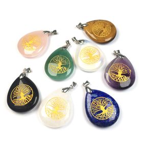 Waterdrop Natural Stone Charms Reiki Healing Gold Drzewo Życia Symbol Kryształ Turkusises Rose Kwarc Kamienie Wisiorek Do Biżuterii Naszyjnik 25x32mm