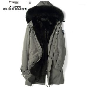 Mäns Läder Faux Real Fur Coat Men Vinter Parka Lång jacka Raccoon Collar Plus Size Mens Mink Jackor Parkas Hombre 2021 P28PK34