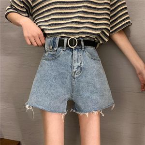 Ailegogo Summer Women Vintage Blue Denim Shorts With Belt Casual Female High midje Solid Color Streetwear Black Jeans Kvinnor