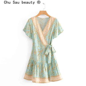 美しさのファッションのBoho Deep Vネックラップドレス女性休日夏プリントビーチミニドレスMujer Vestido de Moda 210514