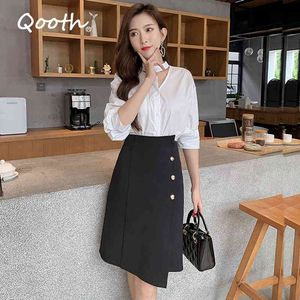 Qooth Office Lady Black Knee Length Skirts Irregular A Line Summer Autumn Plus Size XXL Elastic Waist Elegant Button Skirt QT067 210518