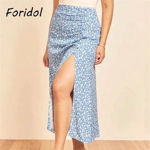 Floral Print Slit Skirts Womens High Waist Button Long Maxi Casual Boho A-line Blue Bottoms Summer 210427