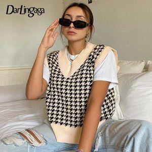 Darlingaga Streetwear V Neck Houndstooth Stickad Sweater Vest SleeveLevintage Pullovers Höst Kvinnors Tröjor 2020 Jumpers x0721