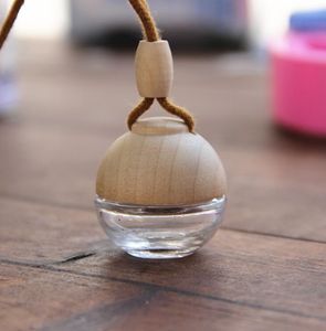 New 8ml Spherical Wooden Cover Glass Car Perfume Pendant Bottle 100PCS/LOT