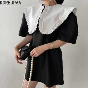 Korjpaa Kvinnor Klänning Sommar Koreanska Chic Retro Elegant Lapel Pläterad Kontrast Stitching High Waist Bubble Sleeve Klänningar 210526