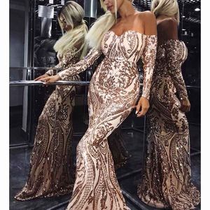 Arabisk Dubai Luxury Mermaid Formell Aftonklänningar för Kvinnor Glitter Rose Rosa Sequined Special Occasion Grows Sweetheart Off Shoulder Long Sleeves Prom Dress