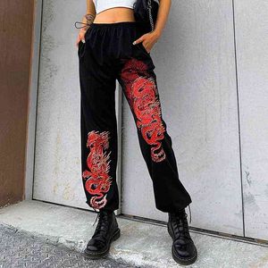 Frauen Jogginghose Y2K Stil Schwarz Chinesischer Drache Gedruckt Muster Lose Hosen Streetwear Lange Hosen S/ M/ L Y211115