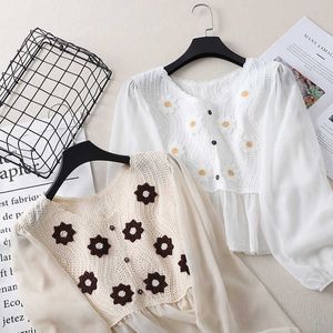 Broderi Kvinnor Pullover Sexig Hollow Out Casual Floral Classic Round Neck Sweater Toppar Loose Autumn Spring Clothing 210604