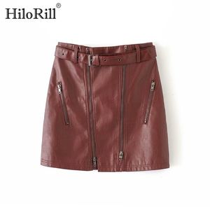 High Waist With Belt Faux Leather Skirt Women PU Solid Mini Skirts Streetwear Front Zipper Short A-Line 210508