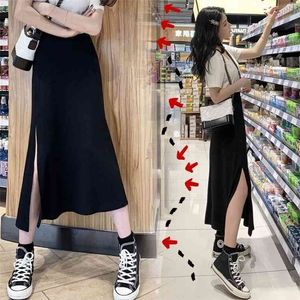 Bahar ve Yaz A-Line Retro Yüksek Bel Tam Salıncak Uzun Etek Kadınlar Gösterisi Ince Orta Uzunlukta Yan Bölünmüş Siyah 210708