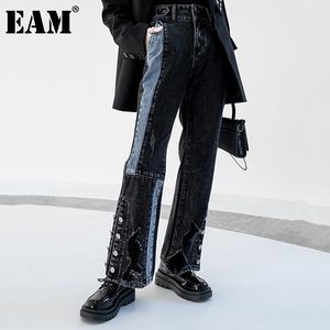 [EAM] Jeans larghi a vita alta con gamba larga neri con fori irregolari Pantaloni larghi da donna Moda Primavera Autunno 1DD5962 210512