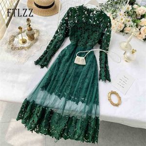 Women vintage lace dress autumn winter long sleeved slim a-line Hollow robe ladies patchwork mesh party dresses 210525