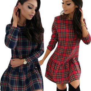 Plaid Klänning För Kvinnor Långärmad Höst Mode Rund Neck Loos Lady Mini Klänning Röd Casual Fall Kvinna Party Dresses Vestido