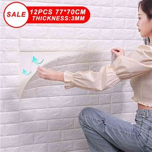 12pcs Self Adhesive Foam Wallpaper 3D Brick Wall Panel Living Room Brick Stickers Bedroom Wall Brick Papers DIY Home Decoration 210722