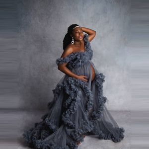 A Line Tulle Prom Dresses with Ruffles Maternity Robes for Photo Shoot Elegant Long Evening Gowns