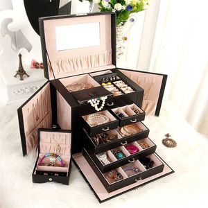 COSTWAY Portable Jewelry Box Organizer Ring Stud Earrings Storage With Mirror Faux Leather W0227 211102