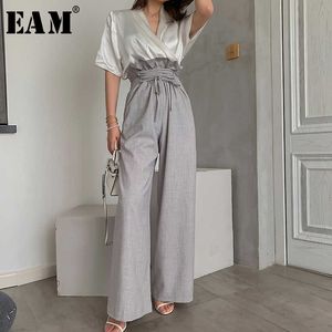 [Eam] cintura alta cinza babados bandage longos legteres largos novos soltos apto calças mulheres moda maré verão verão 2021 1w492 q0801