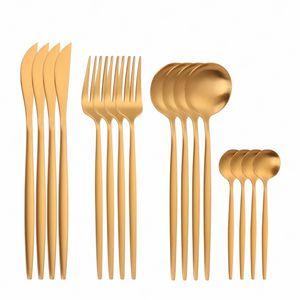 16 st guld bestick uppsättning gafflar skedar knivar porslin stål bestick set rostfritt stål dinnerware set bestick köksredskap 211108