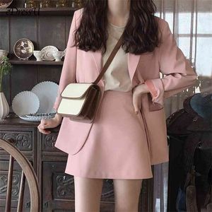 EDRESSU 2PCS Mulher Blazer Jaqueta Saia Escritório Pink Ternos Coreanos Two-Peça Único Breasted Business Outwear ZX-6 210730