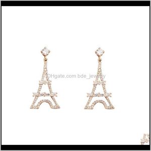 Hoop Hie Jewelrysjcho-42 Orecchini a forma di torre Eiffel in cristallo color oro per donna Orecchini a forma di edificio in stile francese vintage Goccia di gioielli