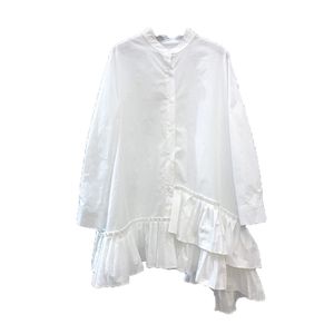 White Black Mandarin Collar Button Dress Long Sleeve Solid Pleated Short Mini Asymmetrical D1350 210514