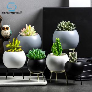 Strongwell Succulents Planter Blomsterkrukor Keramik Blomkrukor Konstvase med järnstativ Heminredning Tillbehör Fairy Garden 210615