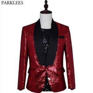 Parlak Kırmızı Pullu Smokin Suit Blazer Erkekler Şal Yaka Ince Erkek Düğün Damat Glitter Elbise Blazers DJ Kulübü Sahne Şarkıcı Kostümleri 210522