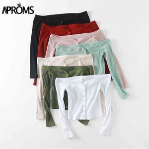 Aproms Candy Color Off Shoulder Tank Tops Women Sexy Ribbed Knitted Crop Top Cool Girls Streetwear White Black Basic Tees 210320