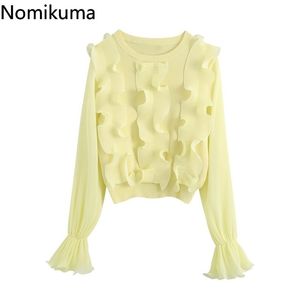 Nomikuma Fırfır Patchwork Sarı Kazak Jumper O Boyun Uzun Kollu Zarif Kazak Kadın Kore Moda Örme Tops 3C651 210514