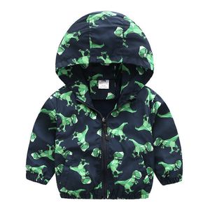 Primavera Outono 2-10 Anos Crianças Outwear Dinossauro Animal Dinossauro Impressão Zíper Bebê Crianças Bonita Jaqueta Hooded para Meninos 210529