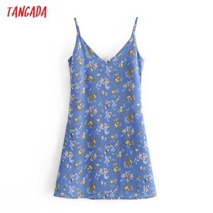 Tangada Moda Donna Fiori blu Stampa Abito con cinturino Cerniera Senza maniche Backless Abito casual in chiffon femminile 6M15 210609