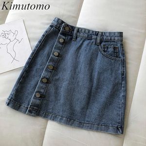 Kimutomo Chic Summer Mini Gonne Gonne Donne Stile Coreano Vintage Single Breasted Vita alta A-Line Denim Gonna Casual 210521