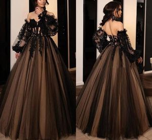 Elegant sexig svart tulle a-line kväll klänningar av axel applique spets långärmad formell prom klänning golv längd fest klänningar robe de mariée