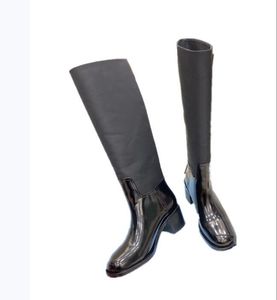 Fashion trend big brand ladies boots hollow square head low heel stitching patent leather black