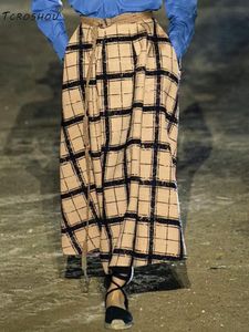 Catwalk-stijl hoge taille kant retro check katoen en linnen a-line rok dames herfst losse grote puff rokken