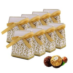 2021 Elegant Wedding Party Favor Gift Candy Paper Boxes Bags with Ribbon Gold/Silver