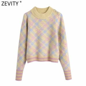 Zevidade Primavera Mulheres Simplesmente Geométrico Impressão Tricô Sweater Feminino Chique Ombro Diamante Botões Casuais Pullovers Tops S604 210603