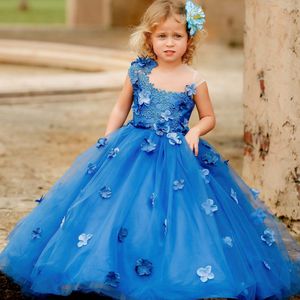 2022 синий цветок девочек платья кружева цветочные аппликары чистые шеи девушки конкурсные платья кружев до детского дня рождения платье вечеринки