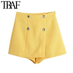 Women Chic Fashion With Buttons Tweed Shorts Skirts Vintage High Waist Side Zipper Female Skort Mujer 210507