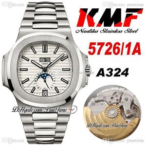 KMF 5726 / 1A-014 årlig kalender cal.324sc A324 Automatiska Mens Watch Moon Fas Vit Texturerad Ring Rostfritt Stål Armband Super Edition Puretime B2