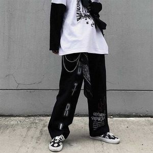 QWEEK Boy Mill Goth Pantolon Grunge Estetik Punk Geniş Bacak Pantolon Kadın Streetwear Grafiti Yüksek Bel Pantolon Kadın Pantolon 211006