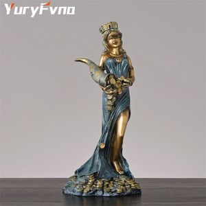 Юрифвна Греческая богиня Удачи и Фортуна Статуатарезин Ослепированная леди, держащая рог богатства Римские статуэтки Home Decor 210811