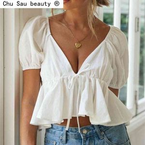 Summer French Women's Elegant White V-Neck Lace-Up Open Back Puff Sleeve Short Sleeve Shirt Pure Color Female Chic 210508