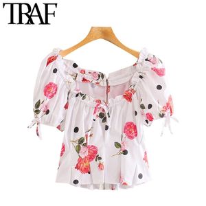 Women Fashion Floral Print Lace-up Cropped Blouses Vintage Puff Sleeve Back Zipper Female Shirts Blusas Chic Tops 210507