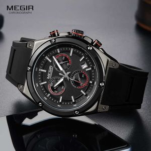 Megir Men Black Silicone Sports Quartz Wrist Watches Luminous Relojios Relojes Waterproof Chronograph Clock Montres Q2073G-BK-1 X0625