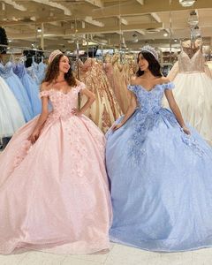 2021 Pink Light Blue Quinceanera Dresses Ball Gown Sequined Lace Off Shoulder Crystal Beads Flowers Short Sleeves Sweet 16 Party Prom Evening Gowns