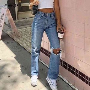 Calças de calças de calças de cintura alta para as mulheres azuis Calças rasgadas retas de comprimento completo Hole Knee Hole Mameira Lote Streetwear Calças 210629
